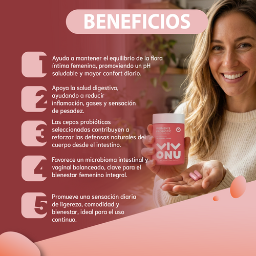 Nuvora suplemento women's probiotic- apoya el equilibrio de la flora íntima y digestiva.
