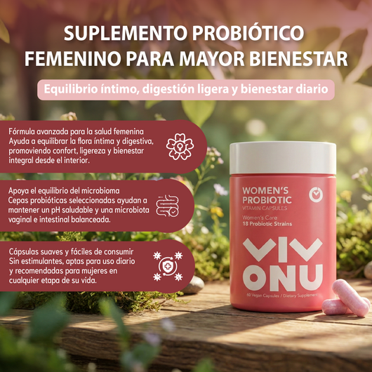 Nuvora suplemento women's probiotic- apoya el equilibrio de la flora íntima y digestiva.