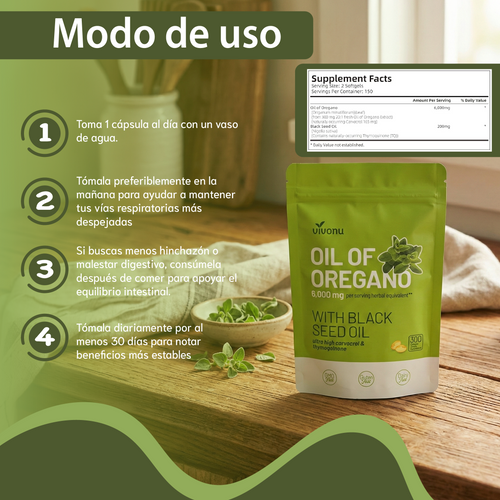 Vivonu Aceite de orégano Apoya defensas, vías respiratorias, digestión y bienestar general.